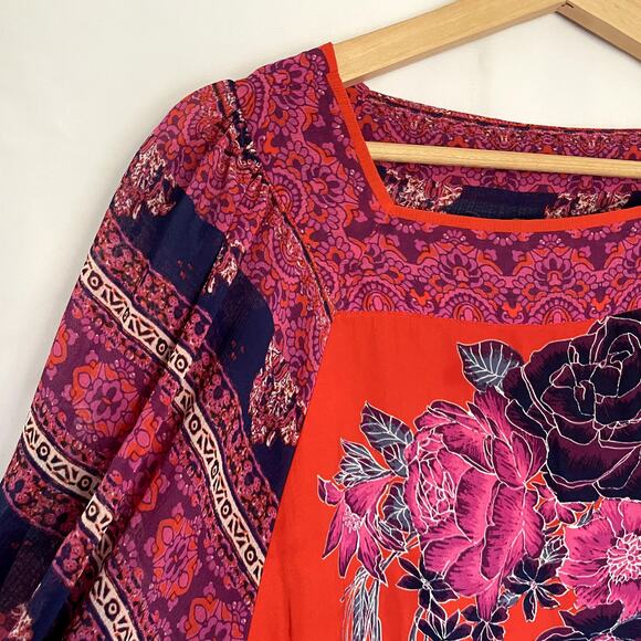 Free People boho flowy top orange pink women's size XS drawstring elastic waist - Picture 3 of 10